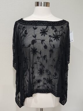 Vintage Scala Black Beaded Embroidered Topper Poncho Scoop Neck NWT OSFM